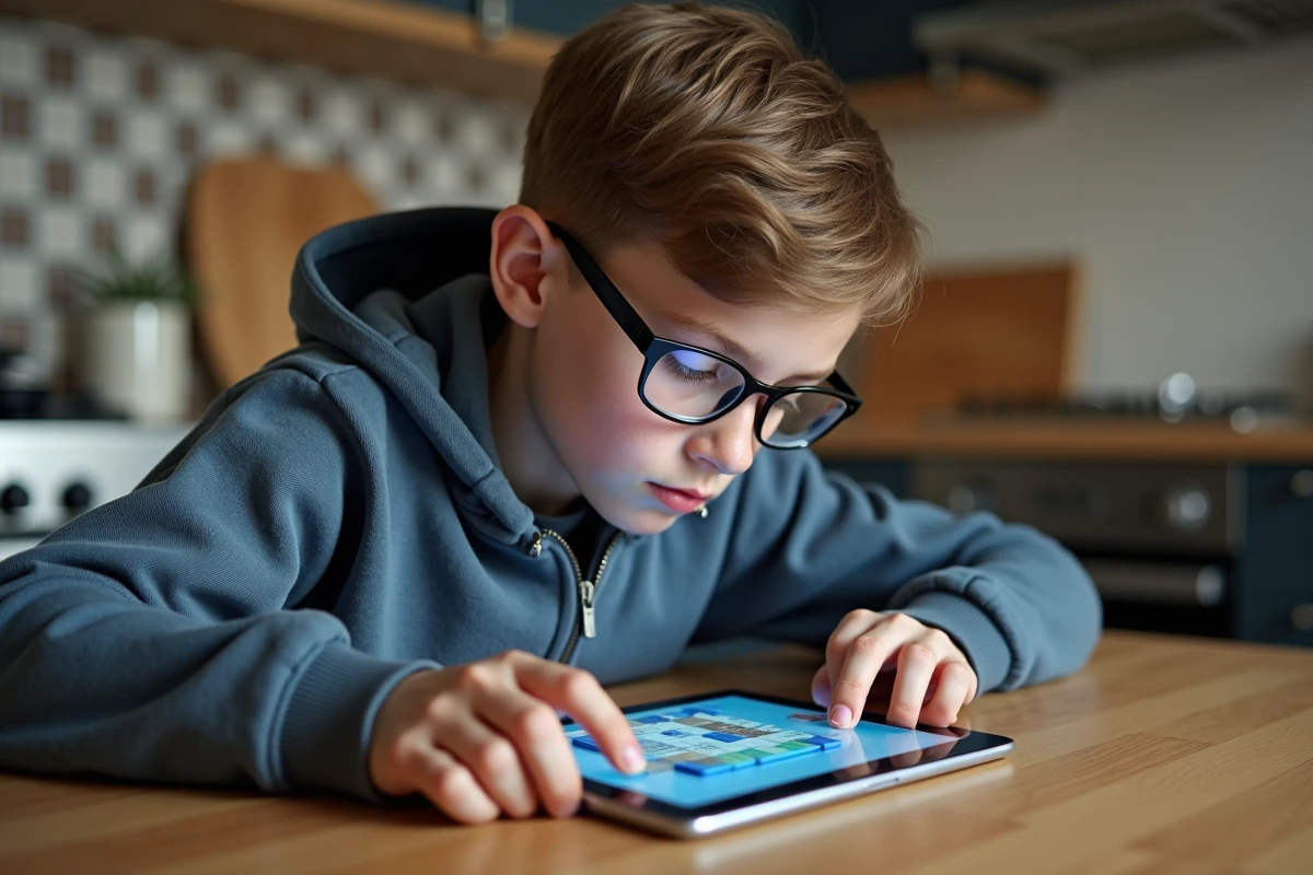 Adolescent jouant à un jeu de puzzle sur une tablette dans la cuisine