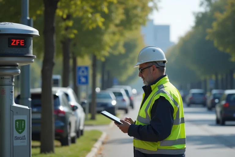 Agent municipal avec radar ZFE et tablette en ville
