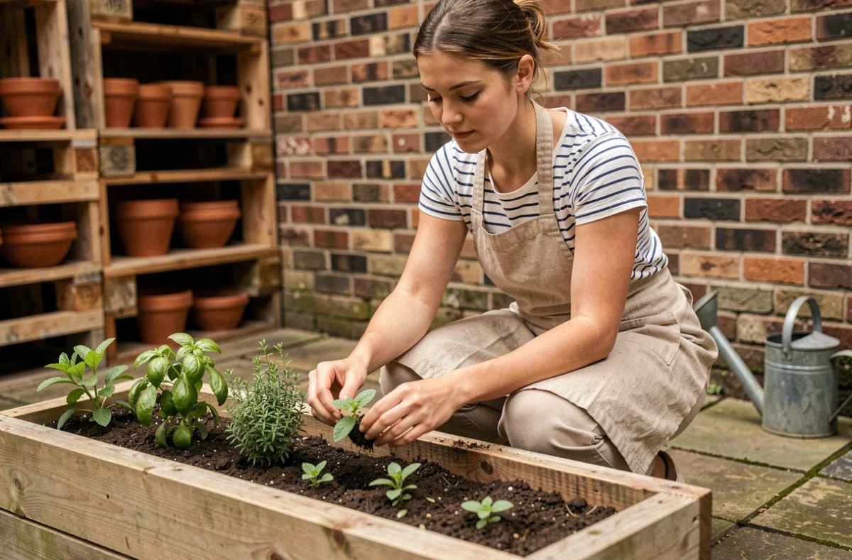 Femme aménageant un potager urbain tendance avec des herbes aromatiques dans des bacs en bois, idées de décoration jardin originales