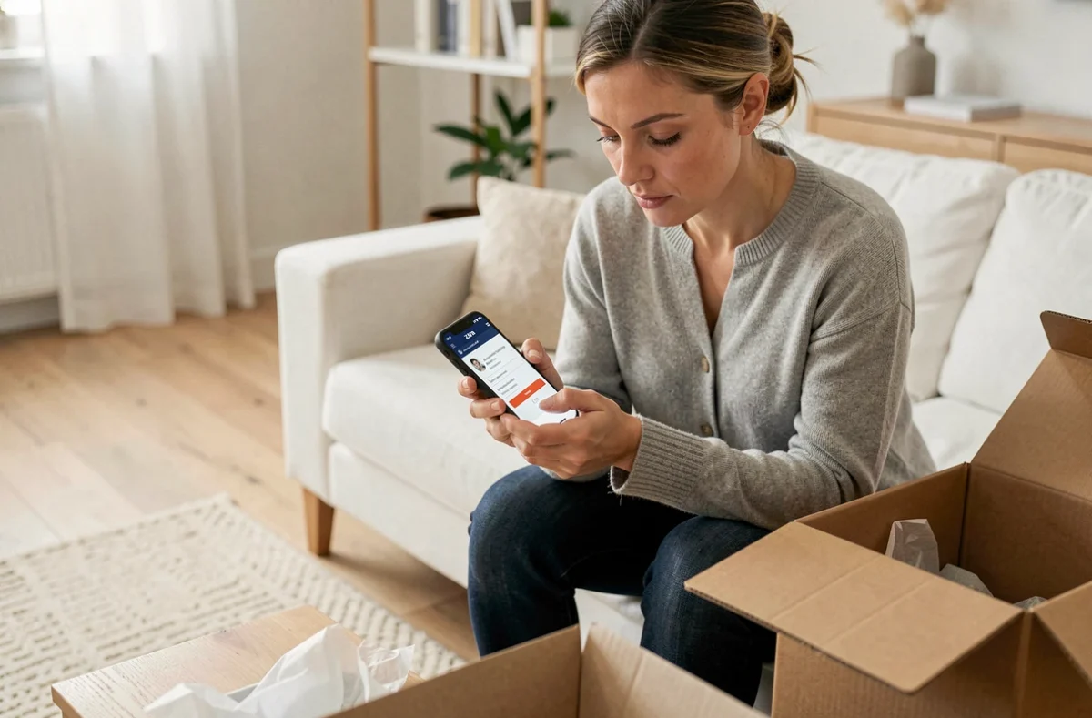 Femme annulant une commande Zara en ligne depuis son smartphone dans un salon moderne