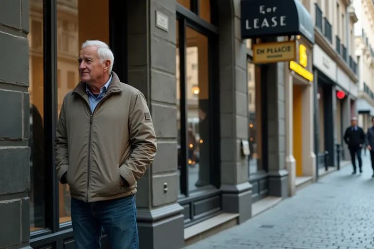 Homme d age devant une boutique fermee en ville