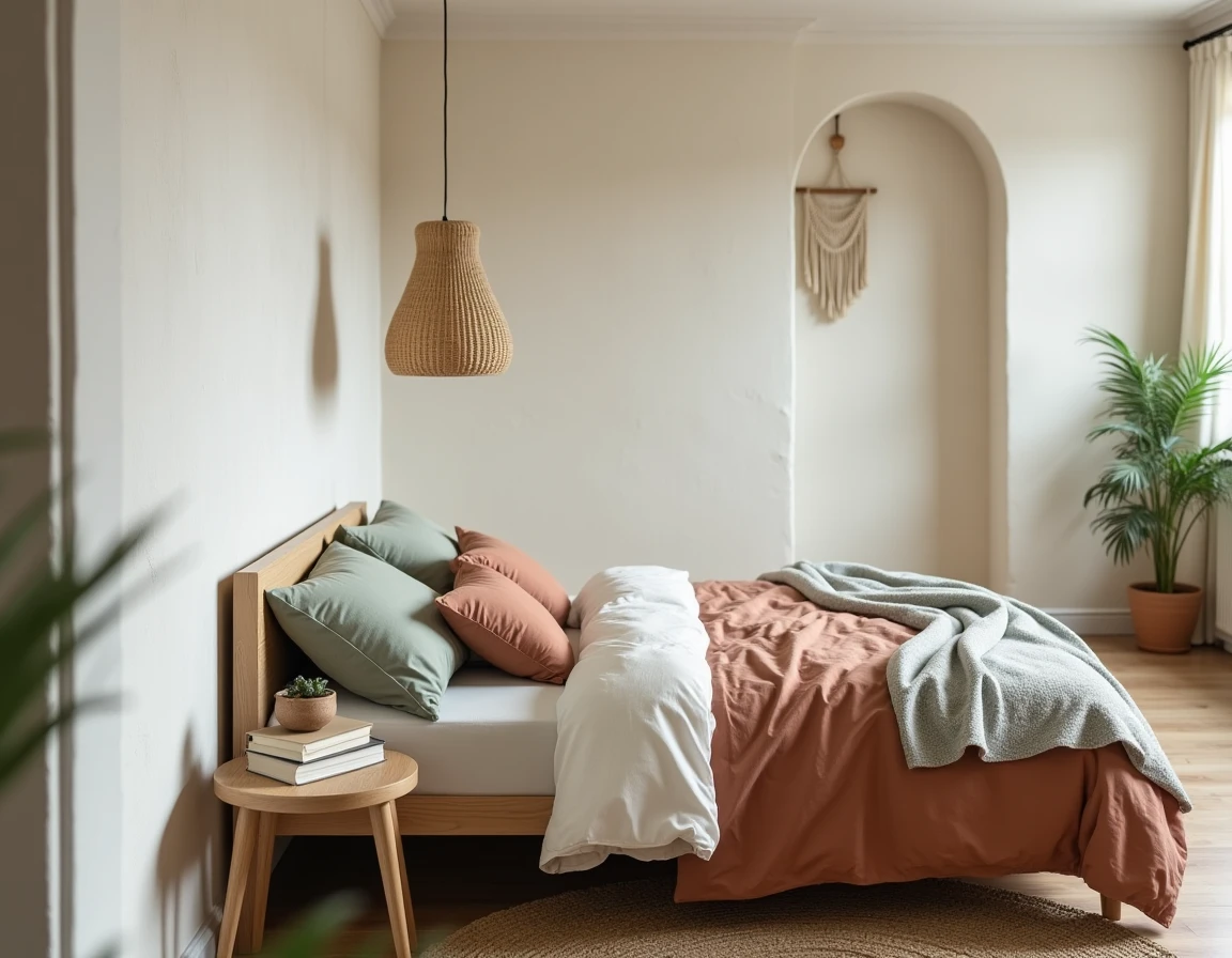 Chambre à coucher cosy avec literie en lin et coton, lampe en rotin et décoration naturelle pour un intérieur chaleureux
