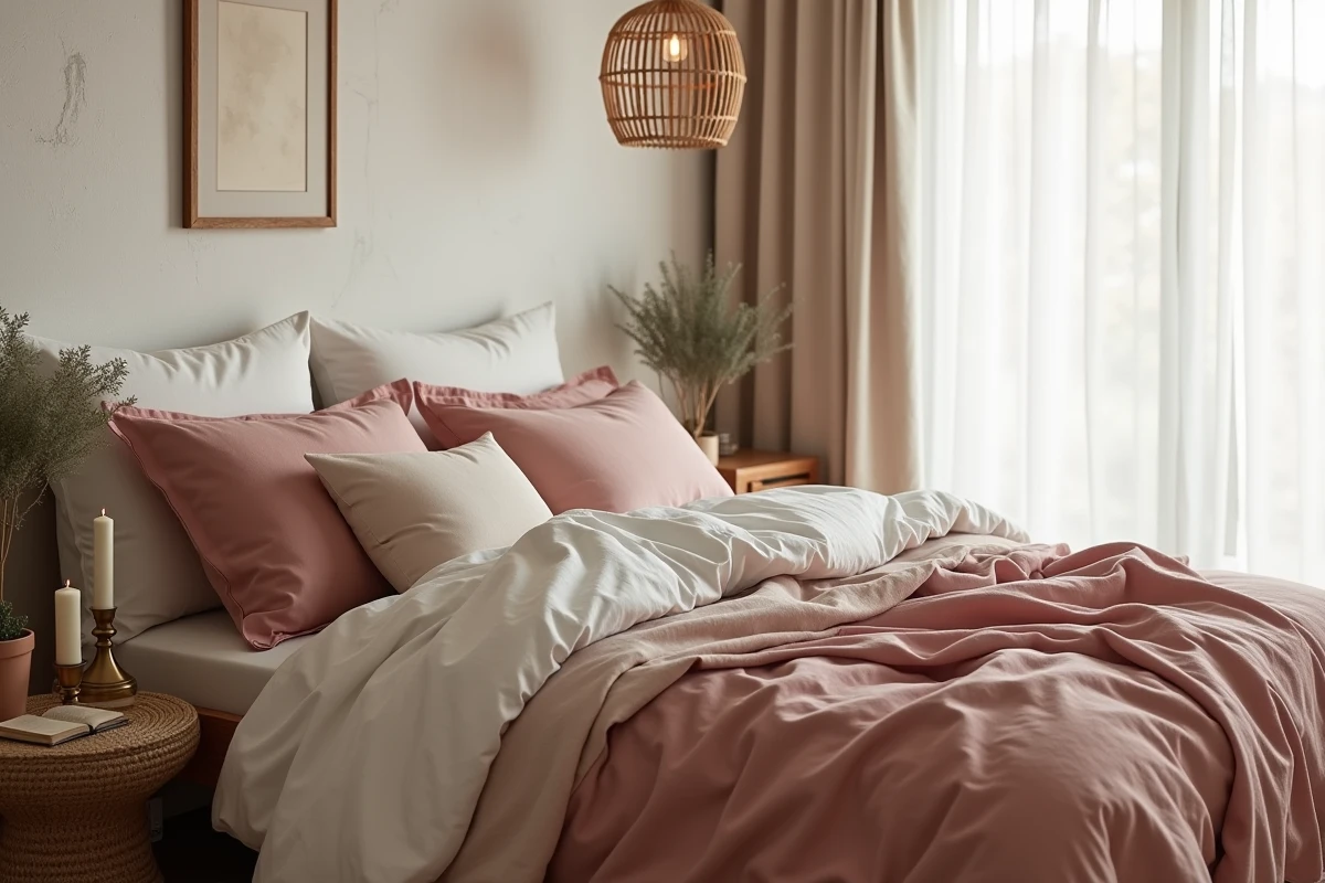Chambre douillette avec literie en lin rosé, suspension en rotin et détails décoratifs chaleureux pour un intérieur cosy
