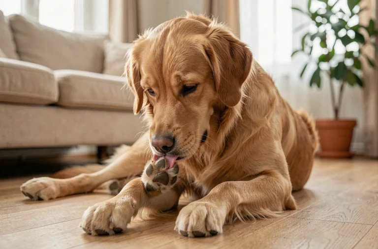 Chien golden retriever léchant son ergot sur un parquet en bois dans un salon cosy