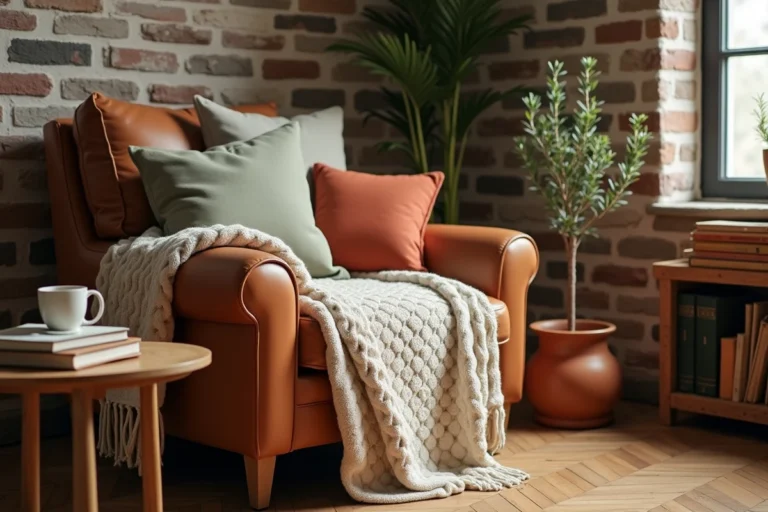 Coin salon chaleureux avec fauteuil en cuir, plaid en laine et étagère en bois pour un intérieur accueillant