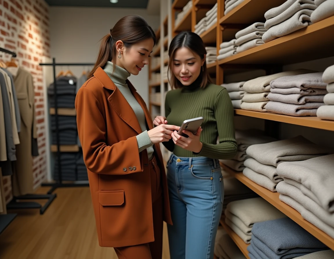 Deux femmes comparant des étiquettes de tailles sur des vêtements dans un magasin de mode