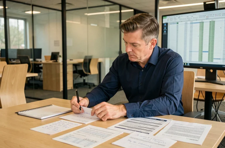 Comptable masculin en chemise marine analysant des documents de paie liés aux avantages en nature dans un bureau moderne