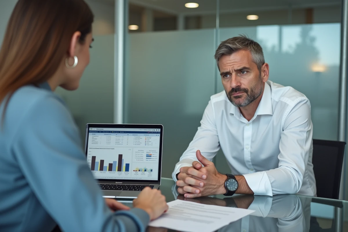 Homme discutant avec un conseiller financier des conditions de rachat d'une assurance vie en agence bancaire