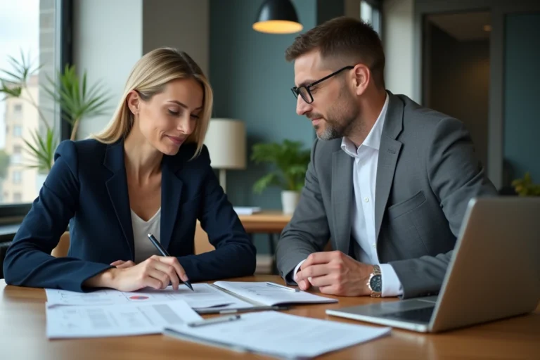 Conseiller financier et cliente en réunion professionnelle