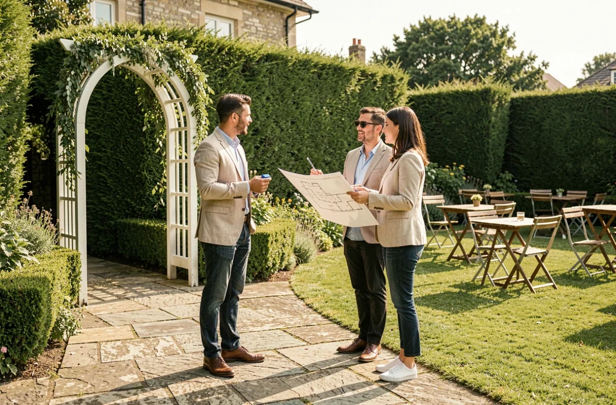 Couple discutant de l'organisation de leur mariage avec une coordinatrice dans un jardin fleuri