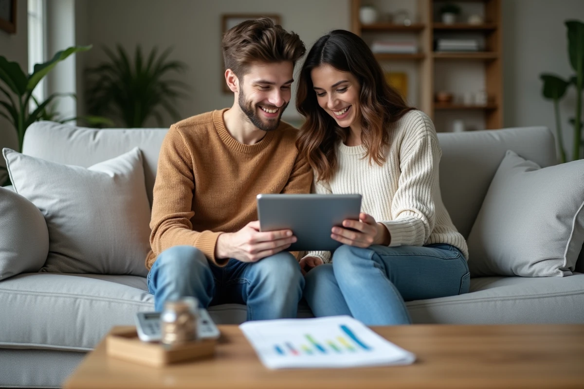 Couple planifiant ensemble leur budget mensuel avec une tablette et un tableau de dépenses dans un salon contemporain