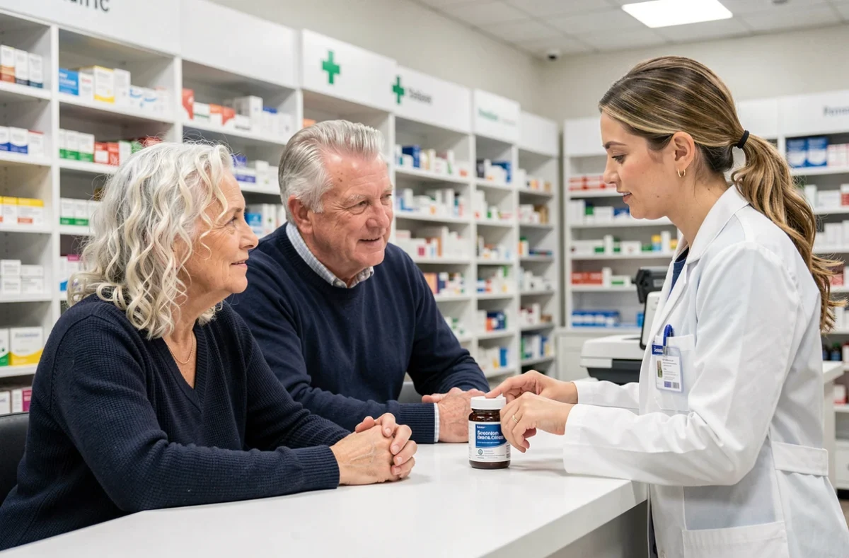 Un couple de seniors consultant une pharmacienne à propos du complément Ritonic au comptoir d'une pharmacie
