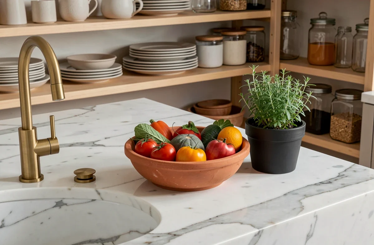 Plan de travail en marbre Carrara avec accessoires de cuisine tendance en laiton brossé et céramique matte dans une cuisine contemporaine
