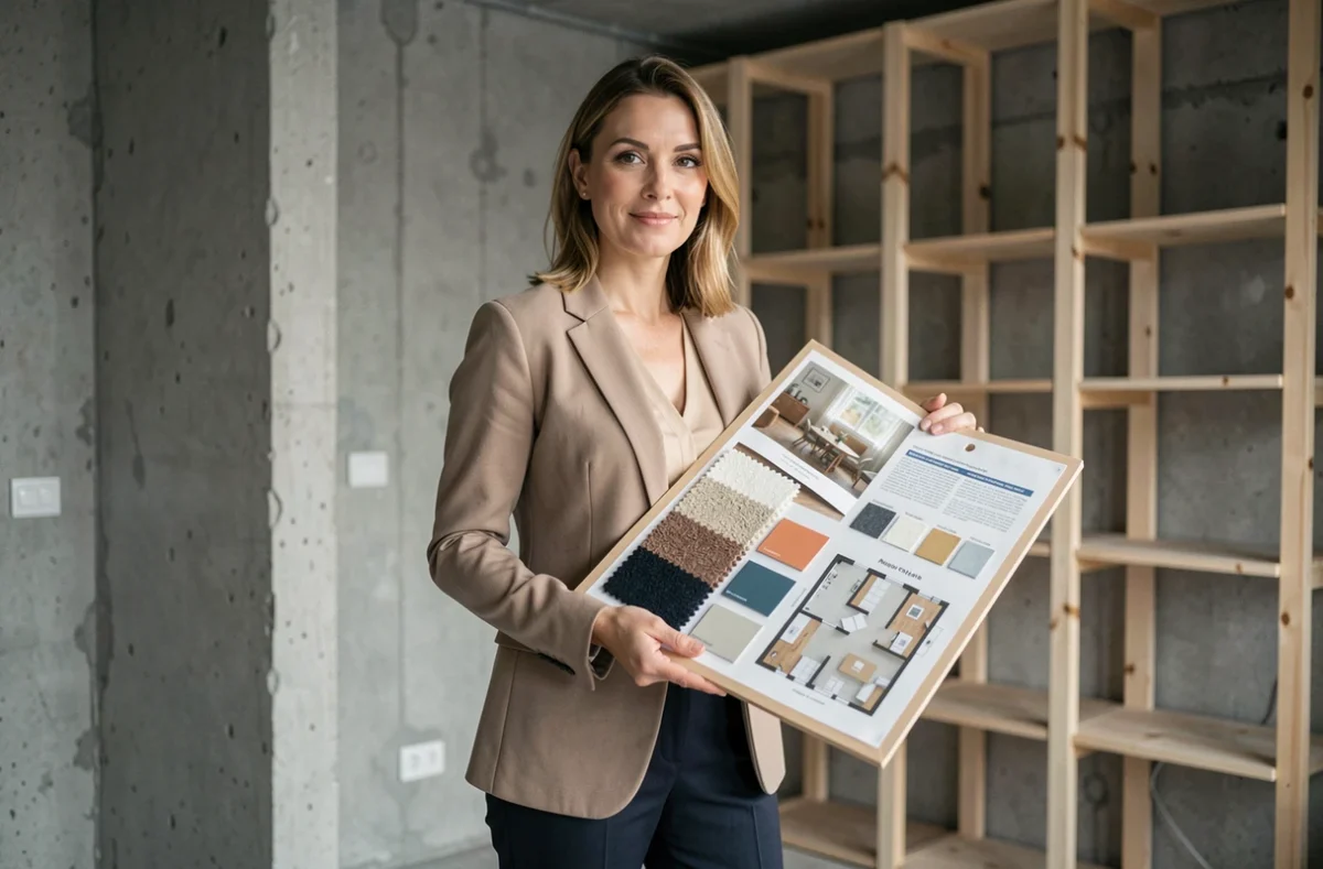 Décoratrice d'intérieur tenant un tableau de tendances avec échantillons de tissus dans un appartement en rénovation