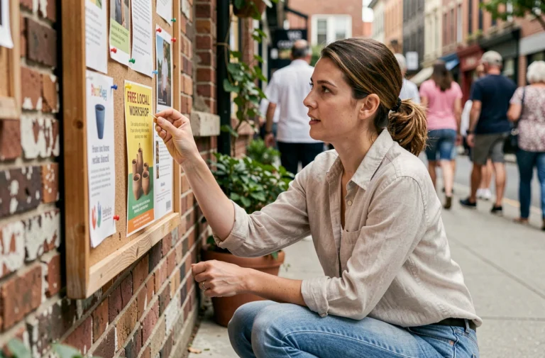 Femme découvrant des activités gratuites sur un panneau d'affichage communautaire en ville