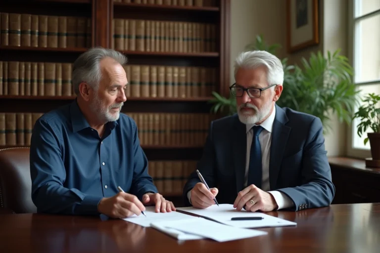 Un homme d'une cinquantaine d'années examine des documents de donation avec un notaire dans un bureau classique en France