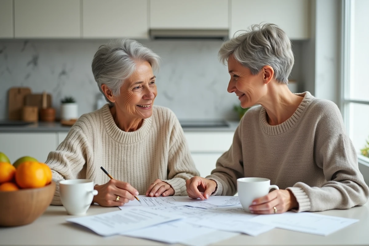 Une femme de 58 ans partage des documents patrimoniaux avec sa fille adulte autour d'une table de cuisine moderne