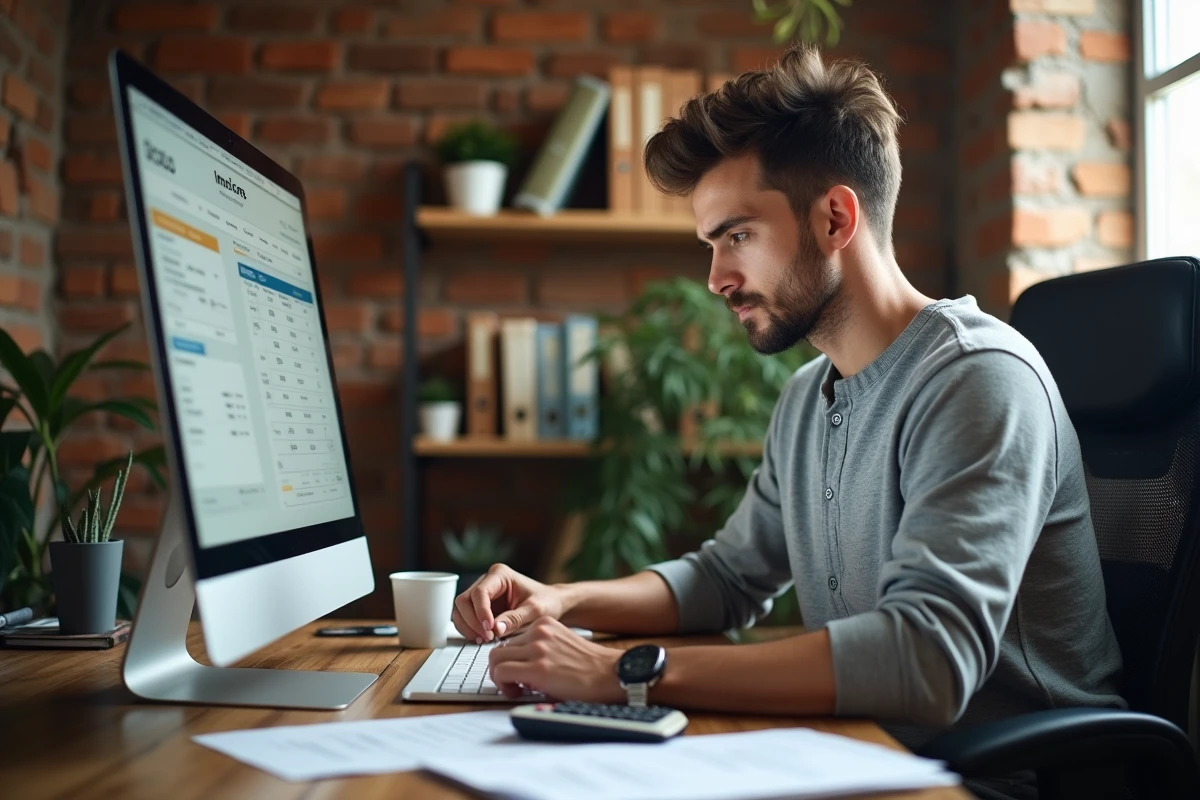 Entrepreneur indépendant comparant des logiciels de comptabilité gratuits dans un bureau à domicile