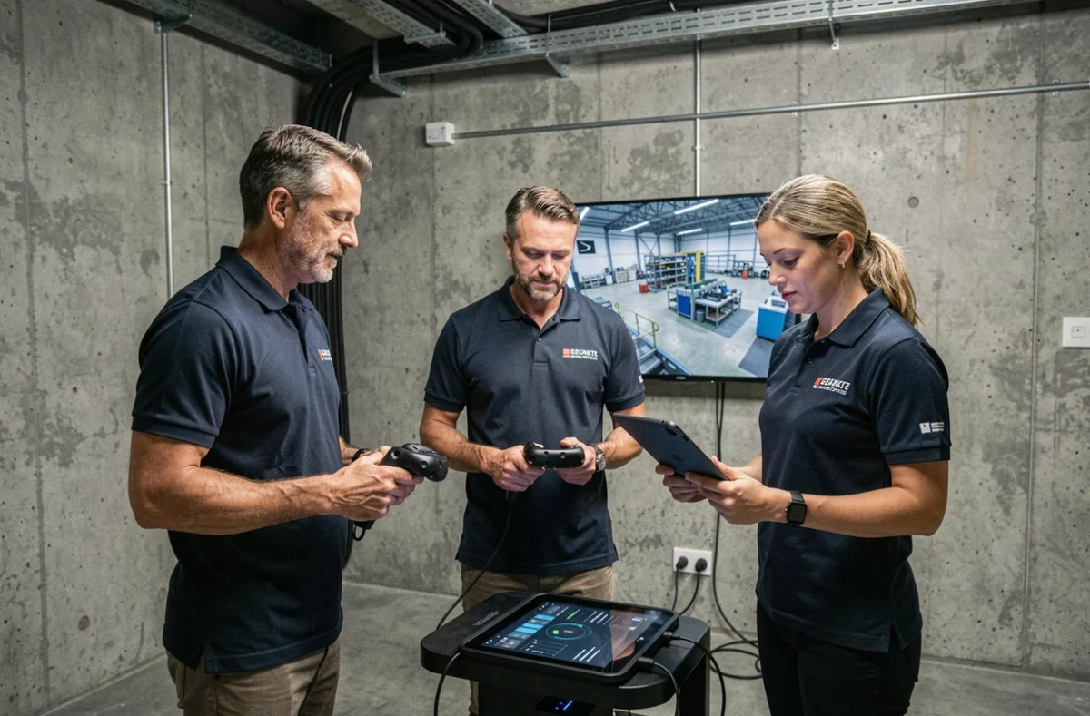 Groupe de professionnels utilisant des équipements de réalité virtuelle lors d'une session de formation dans un centre industriel
