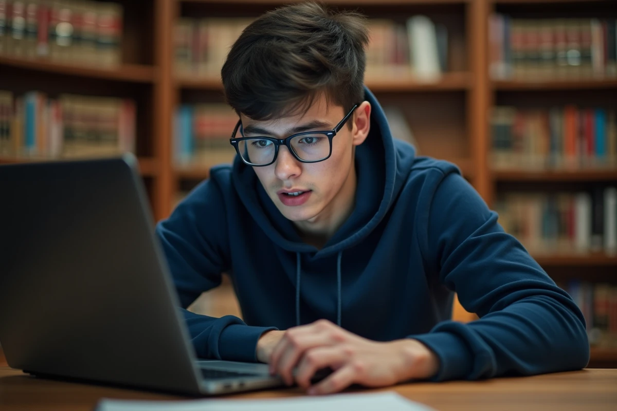 Étudiant en droit frustré face à un problème de connexion sur l'ENT Assas depuis son ordinateur portable en bibliothèque universitaire