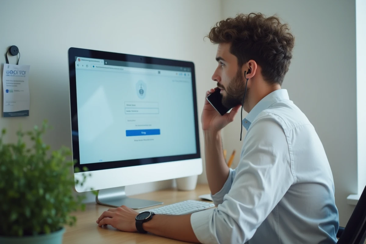 Étudiant en appartement contactant le support technique pour résoudre un problème de connexion à l'ENT Assas depuis son bureau à domicile