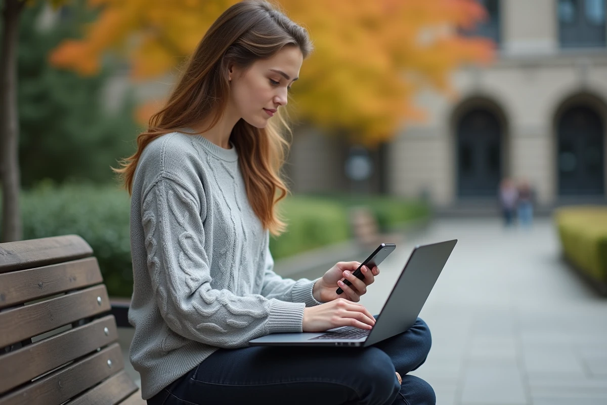 Étudiante utilisant son téléphone et son ordinateur pour résoudre un problème d'accès à l'ENT Assas en extérieur sur le campus universitaire