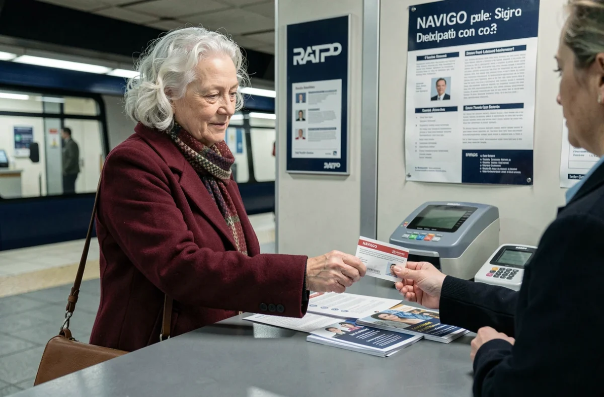 Femme âgée déposant ses documents au guichet RATP pour obtenir son Pass Navigo senior gratuit
