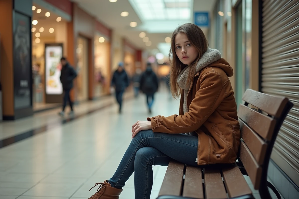 Jeune femme assise dans un centre commercial calme