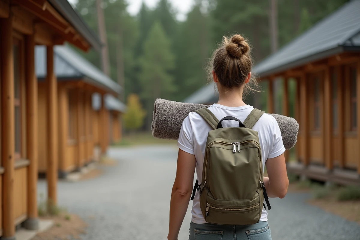 Femme approchant douche de camping en milieu rural