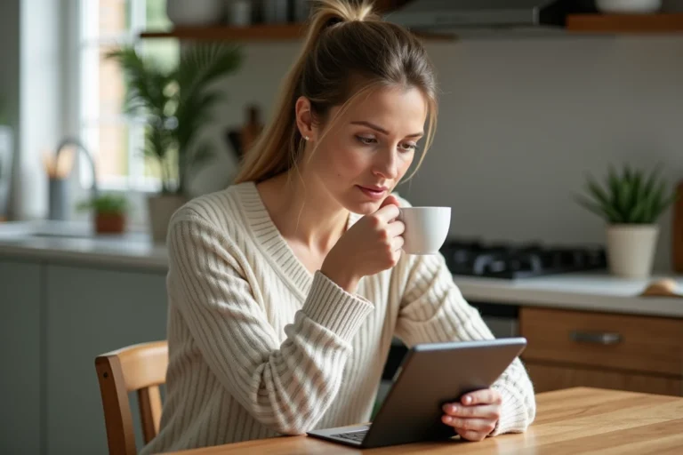 Femme d'âge moyen lisant sur une tablette dans la cuisine