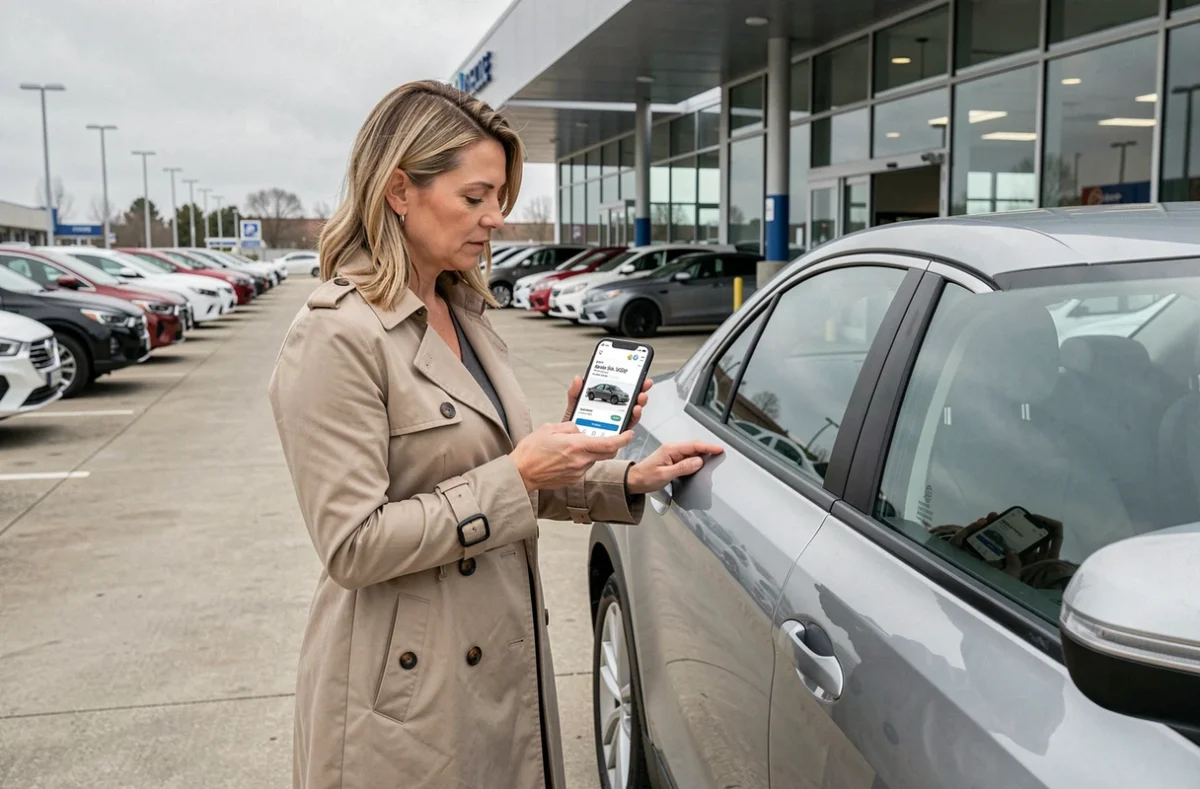 Femme comparant une annonce de voiture sur smartphone dans un parking de concession automobile grâce à Clic Auto