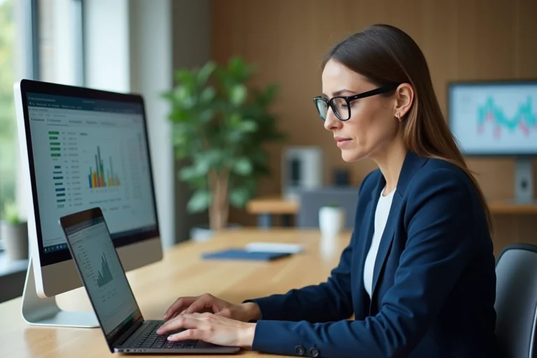 Femme comptable utilisant un logiciel de comptabilité gratuit sur ordinateur portable dans un bureau moderne