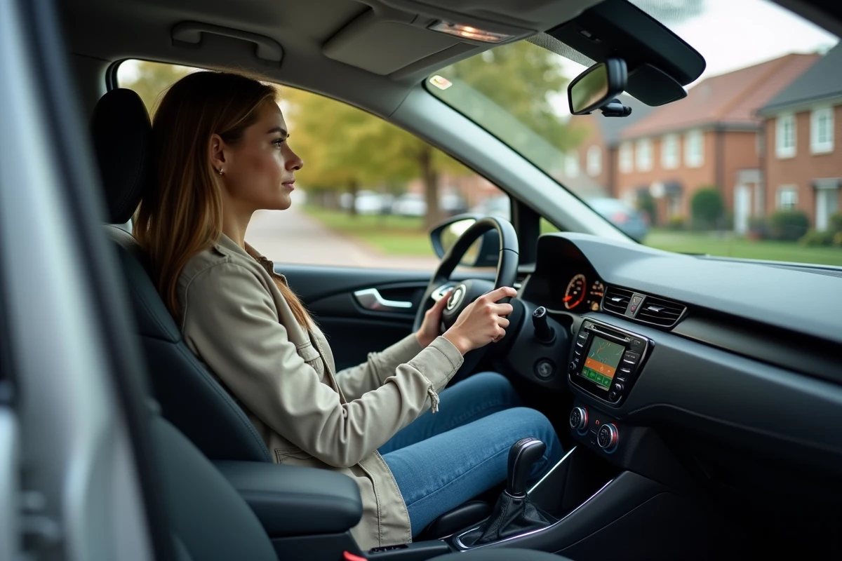 Jeune femme examinant le tableau de bord d