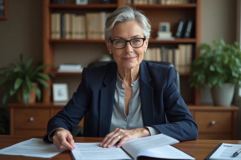 Femme mature consultant des documents d'assurance vie à son bureau pour comprendre les règles de retrait