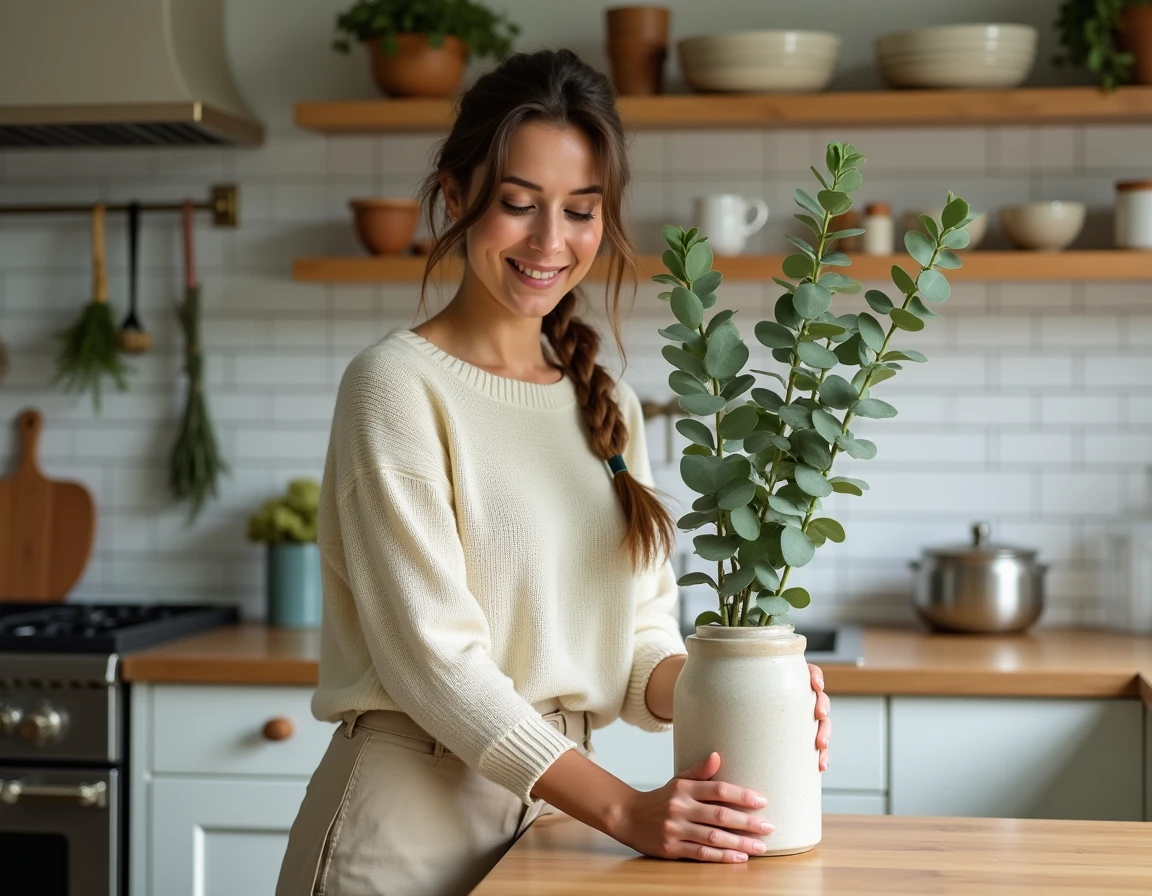 Femme arrangeant des fleurs séchées dans une cuisine style maison de campagne moderne pour une décoration intérieure inspirante