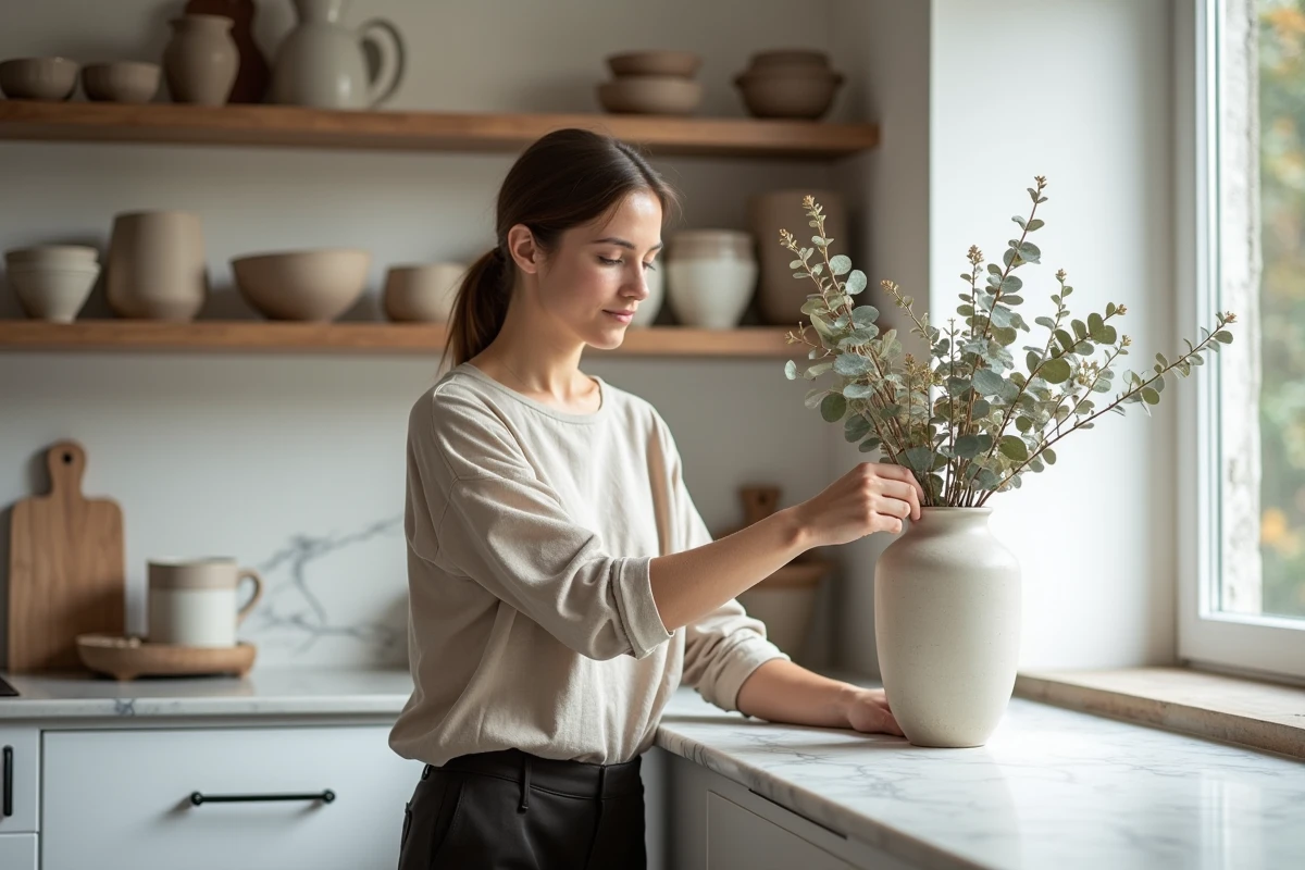 Femme arrangeant des branches d'eucalyptus dans une cuisine scandinave lumineuse et décorée avec soin