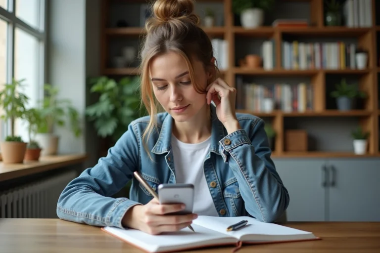 Femme en denim et t-shirt blanc à son bureau cosy