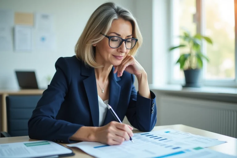 Femme professionnelle examinant des documents de contrat d'assurance Prévilion à son bureau