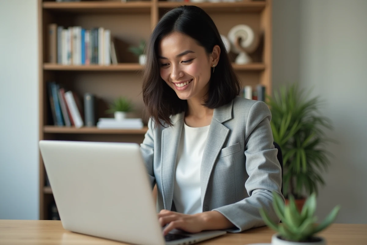 Femme professionnelle suivant une formation digitale en ligne sur son ordinateur portable dans un bureau moderne à domicile