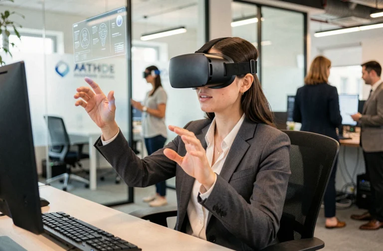 Femme en blazer professionnel portant un casque de réalité virtuelle dans un bureau moderne, illustrant la formation en entreprise via VR