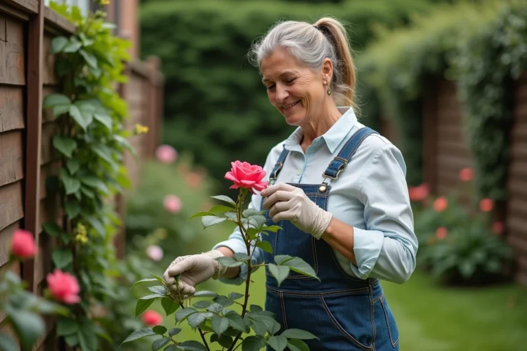 Femme en tenue de jardinage taillant un rosier dans un jardin