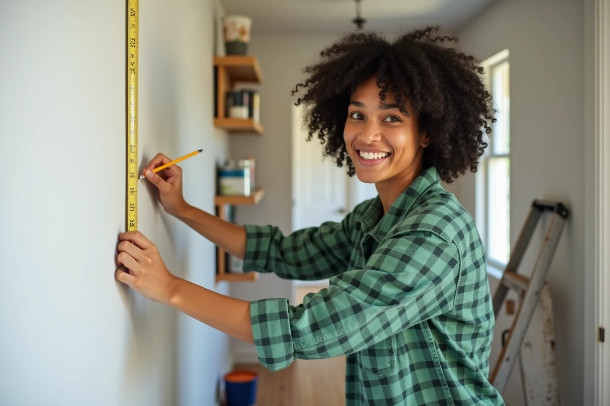 Jeune femme mesure un mur avec un mètre ruban dans un couloir lumineux