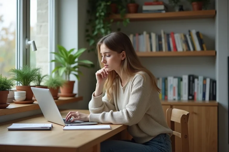 Jeune femme analysant des graphiques boursiers à la maison