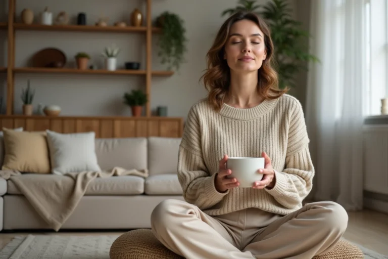 Femme assise en détente dans un salon paisible