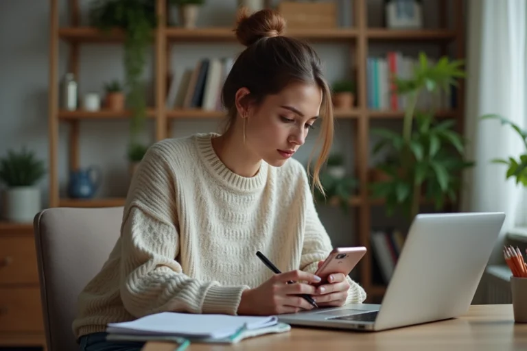 Femme concentrée sur son smartphone dans un salon cosy