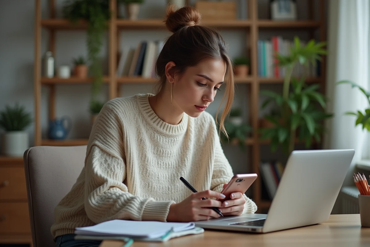 Femme concentrée sur son smartphone dans un salon cosy
