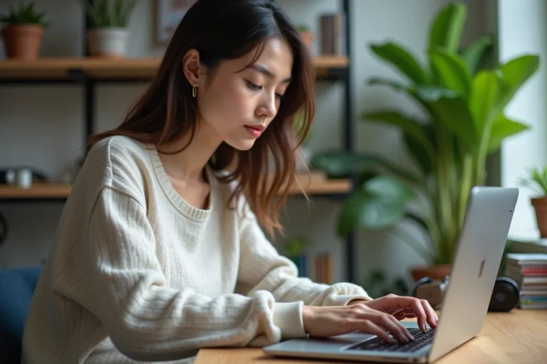 Jeune femme transfere musique sur son ordinateur à la maison