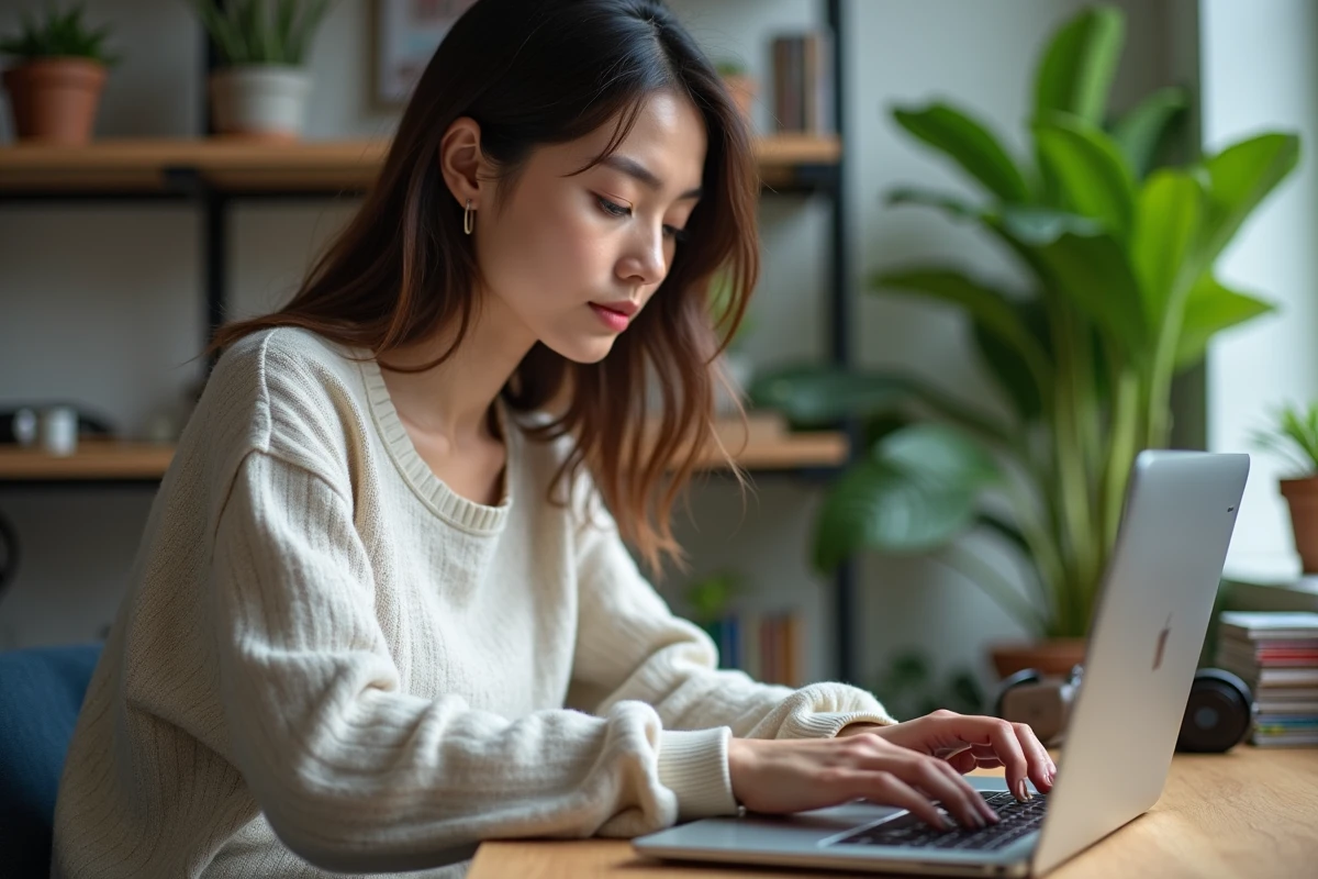 Jeune femme transfere musique sur son ordinateur à la maison