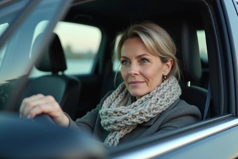 Femme d'âge moyen dans une voiture moderne ajustant le miroir