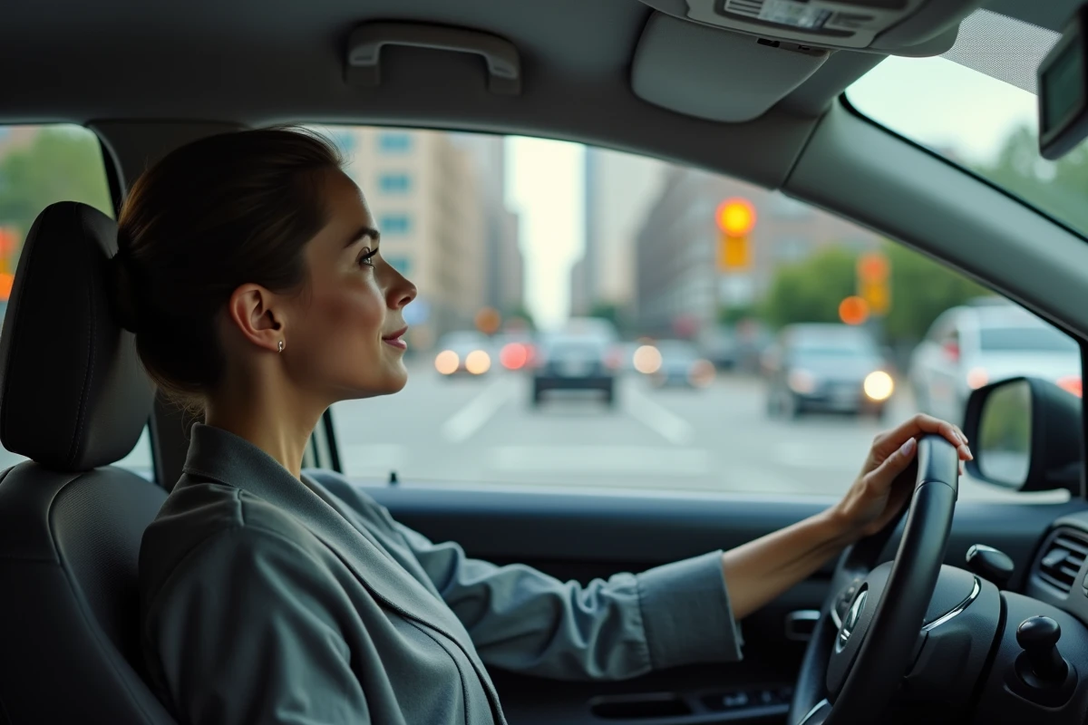 Femme dans sa voiture regardant radar ZFE en ville